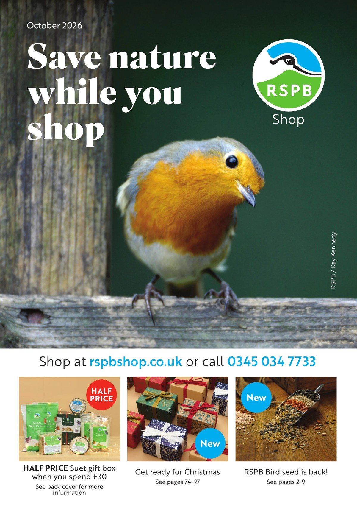 The RSPB October 2026 catalogue cover, featuring a robin and linked shop offers.