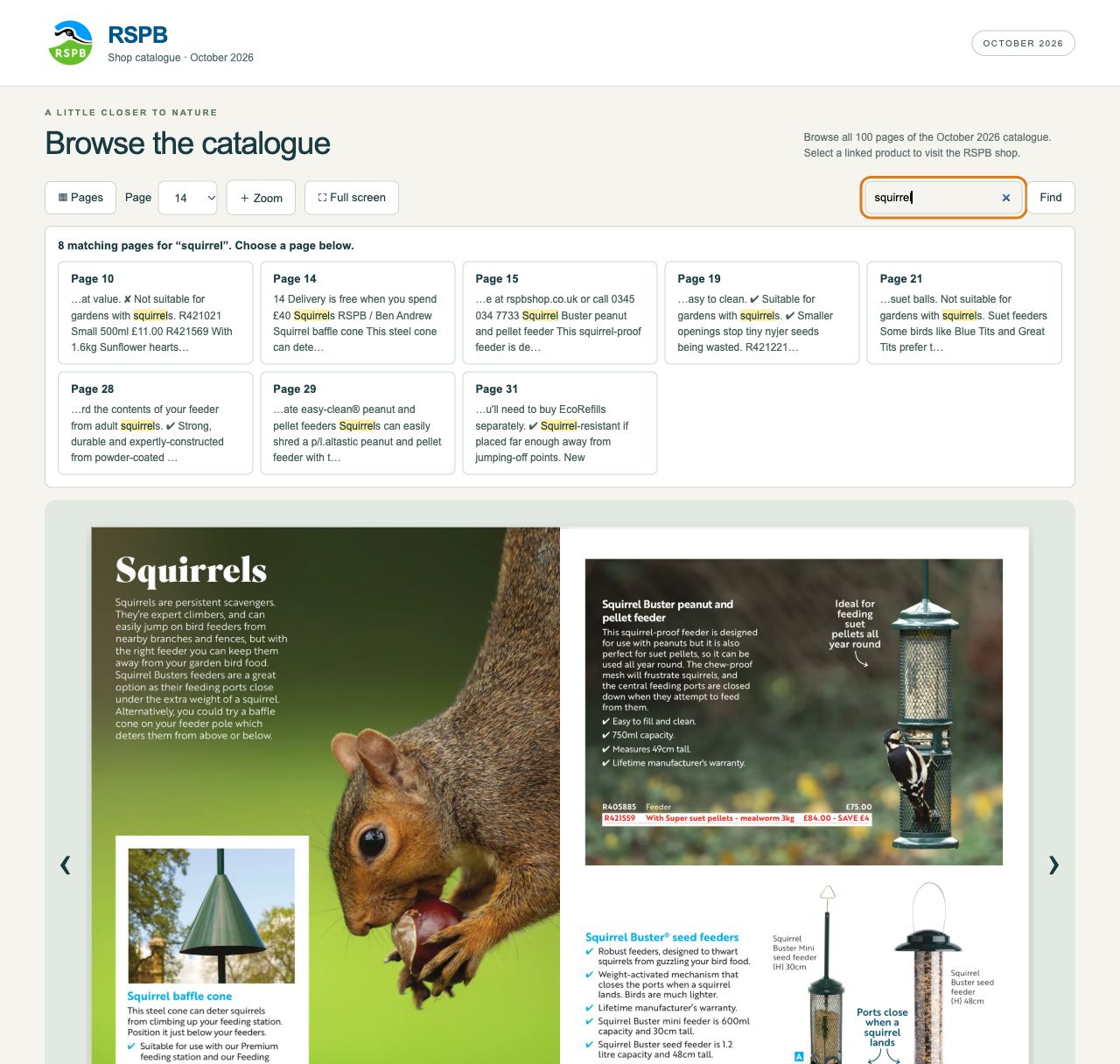 Search for squirrel in the full RSPB catalogue, with matching page results and text excerpts above the squirrel spread.